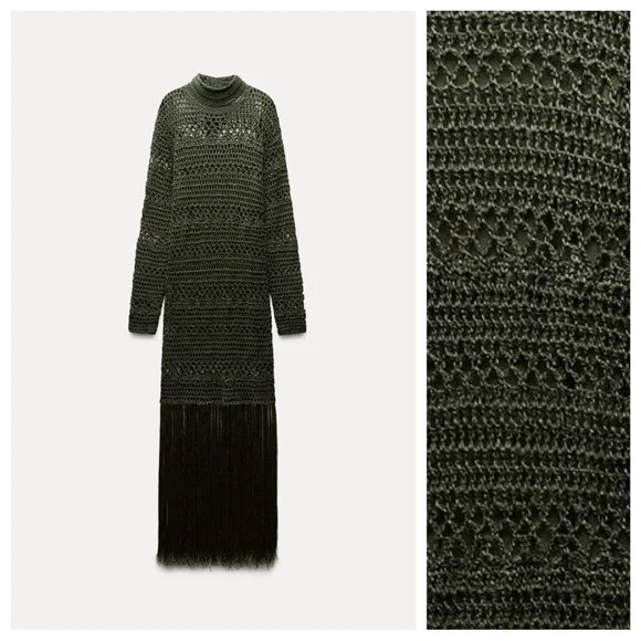 NWT. Zara Green Crochet Lace Dress with Fringe. Lining is missing. Size L. - Picture 5 of 14